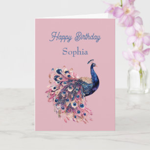 Schöne Blaue Pinke Marineblaue Pfauen Geburtstag Karte
