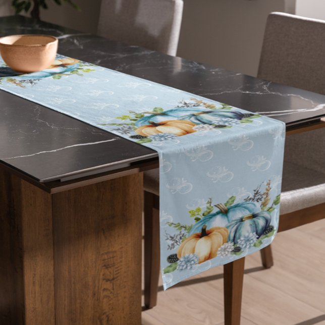 Schöne blaue Pumpkin Herbst Wasserfarbe Fall Kurzer Tischläufer (Von Creator hochgeladen)