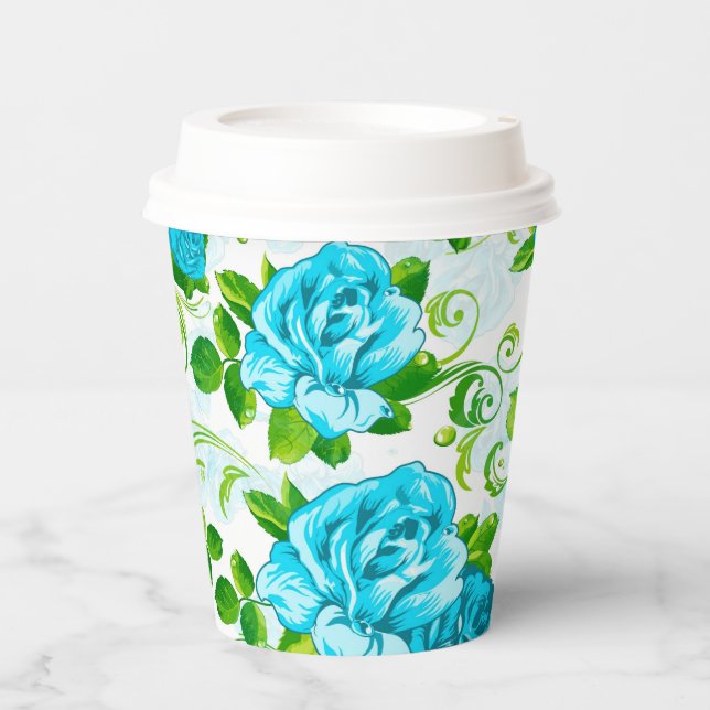 Schöne blaue Rose mit grünem Blattpapier-Cup Pappbecher (Vorderseite)
