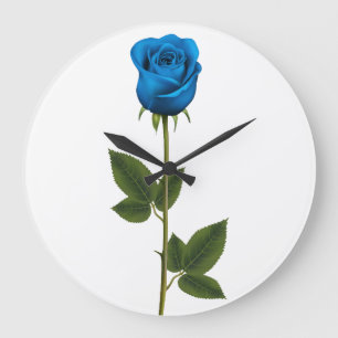 Schöne blaue Rose mit Stiel und Blättern Große Wanduhr