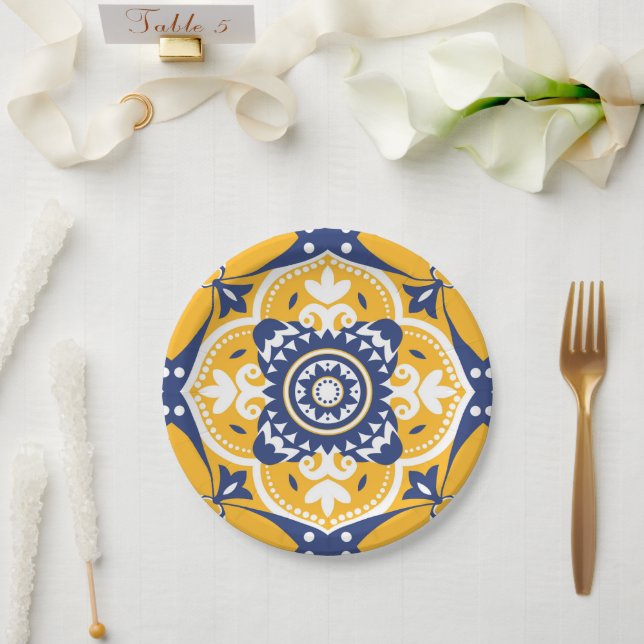💛 💙 🤍 Schöne blaue und gelbe Azulejos Pappteller (Hochzeit)