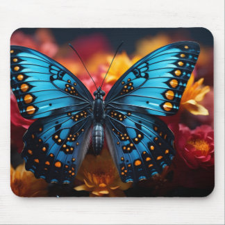 Schöne blaue und gelbe Schmetterlinge auf Blumen Mousepad