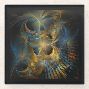 Schöne blaue und goldene Fraktale Glasuntersetzer