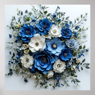 Schöne blaue und weiße Blumenarrangement Poster