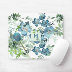 Schöne blaue Wasserfarbenflora mit anfänglichen Mousepad