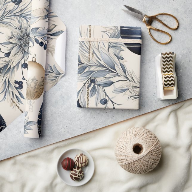 Schöne blaue Weihnachtsblumen Baubles Geschenkpapier (Kunsthandwerk)