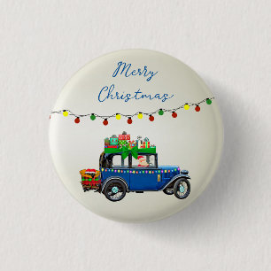Schöne, blaue Weihnachtswagen mit Weihnachtsgesche Button