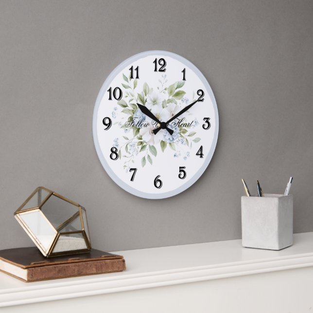 Schöne blaue weiße Blumen Große Wanduhr (Büro)