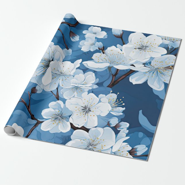 Schöne blaue Weiße Blüten Geschenkpapier (Ungerollt)