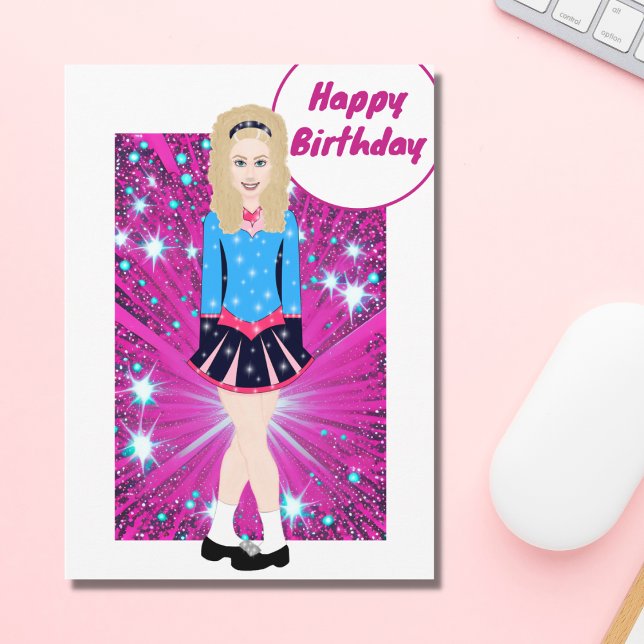 Schöne Blond Irish Dancer, Pink, Blue Birthday Karte (Von Creator hochgeladen)