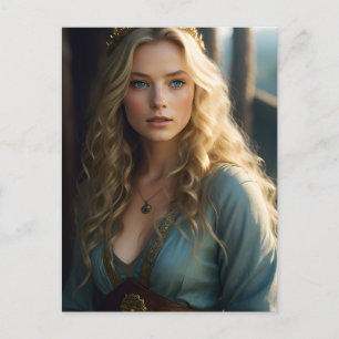 Schöne blonde Dame in einem blau-goldenen Kleid Postkarte