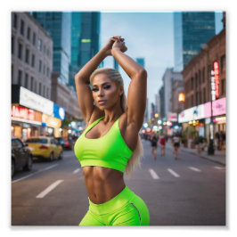 Schöne Blonde Fitness Girl Posing in Neon Green Fotodruck