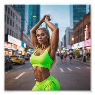 Schöne Blonde Fitness Girl Posing in Neon Green Fotodruck