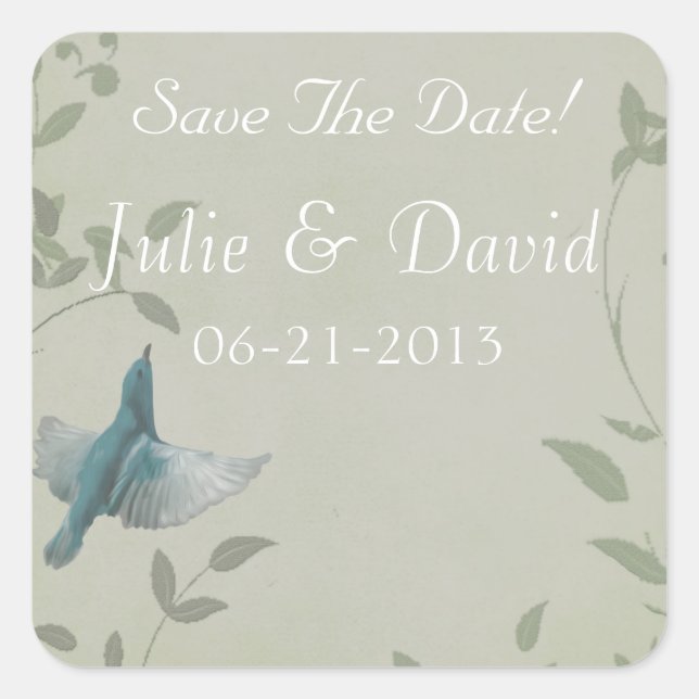 Schöne Blue Bird Wedding rettet das Datum Quadratischer Aufkleber (Vorderseite)