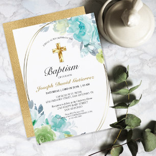 Schöne Blue Floral Gold Cross Baby Taufe Einladung