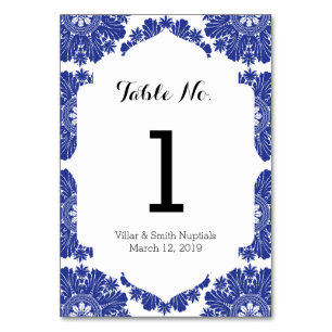 Schöne Blue & White Baroque Hochzeitssuite Tischnummer