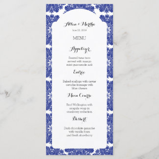 Schöne Blue & White Baroque Wedelmenu Suite Menükarte
