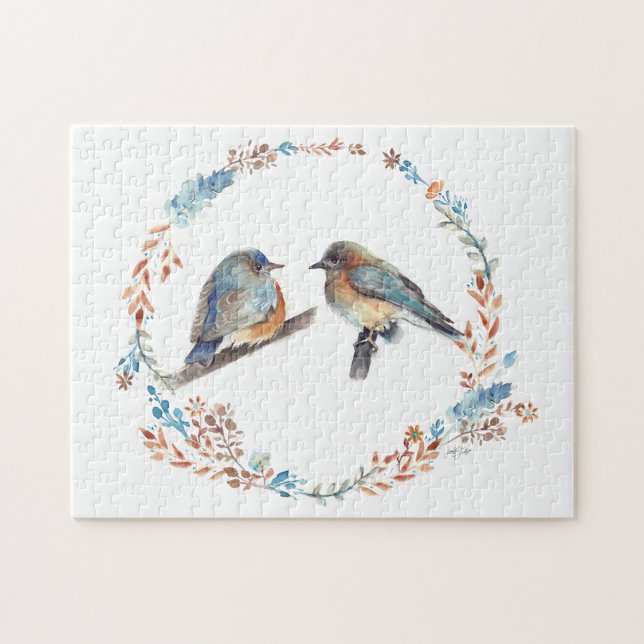 Schöne Bluebird Couple Art Puzzle (Adorable eastern bluebird couple art with floral wreath. Jenn's Emporium.)