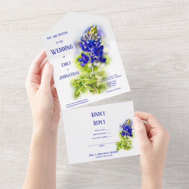 Schöne Bluebonnet-Blüte, Moderne Hochzeit All In One Einladung (Abreißen)