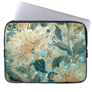 Schöne blühende Blumen mit Grün-Gold-Muster Laptopschutzhülle