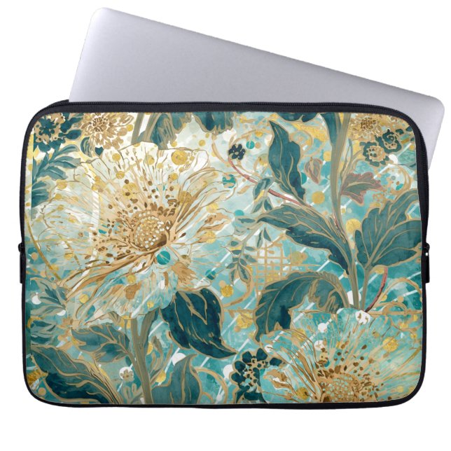 Schöne blühende Blumen mit Grün-Gold-Muster Laptopschutzhülle (Vorderseite)