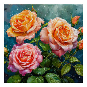 Schöne blühende Rosen mit Wassertropfen Poster