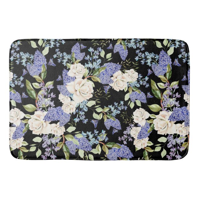 Schöne Blume Lilac Rose Lila Blue auf Black Badematte (Vorderseite)