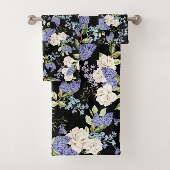 Schöne Blume Lilac Rose Lila Blue auf Black Badhandtuch Set (Insitu)