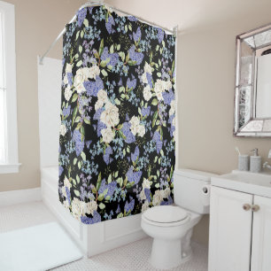 Schöne Blume Lilac Rose Lila Blue auf Black Duschvorhang
