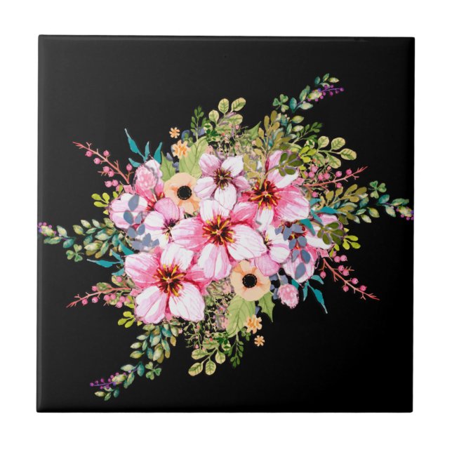 Schöne Blume Pop Black Fliese (Vorderseite)