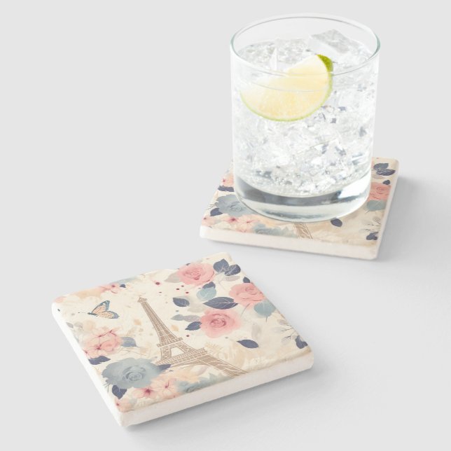 Schöne Blume und der Eiffelturm von Paris Steinuntersetzer (Seitenansicht)