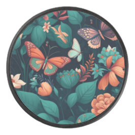 Schöne Blume und Schmetterlinge im Dschungel Eishockey Puck