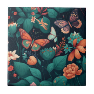 Schöne Blume und Schmetterlinge im Dschungel Fliese