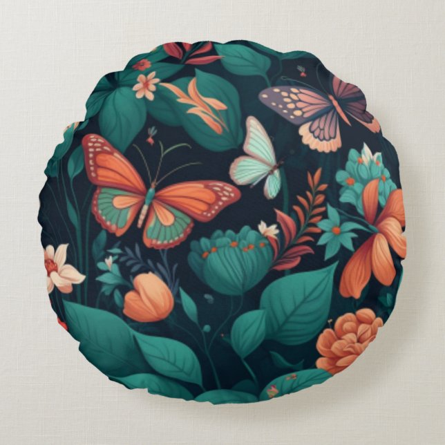 Schöne Blume und Schmetterlinge im Dschungel Rundes Kissen (Vorderseite)