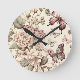 Schöne Blume und Schmetterlinge in Pastellfarben Runde Wanduhr