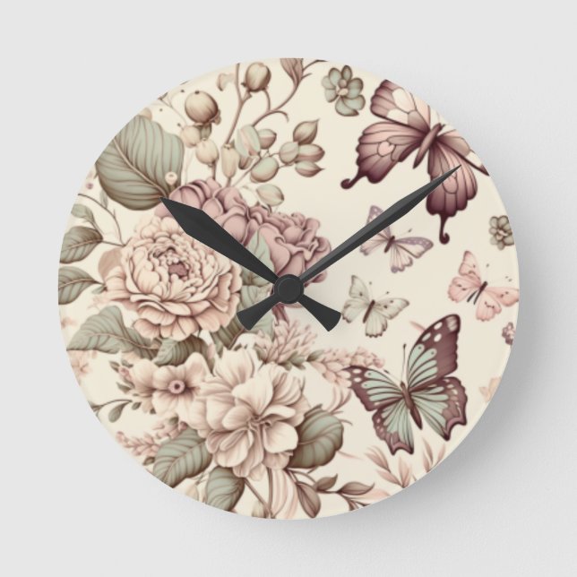 Schöne Blume und Schmetterlinge in Pastellfarben Runde Wanduhr (Vorderseite)