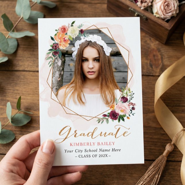 Schöne Blumen-Gold-Rahmen-Foto-Graduierungsparty Einladung (Von Creator hochgeladen)