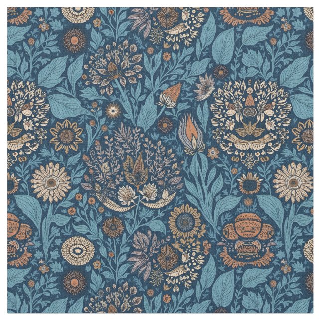 Schöne Blumen in Blau und Beige Stoff (Nahaufnahme)
