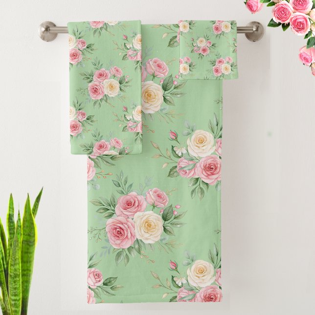 Schöne Blumen in Pastellfarben auf Hellgrün Badhandtuch Set (Von Creator hochgeladen)