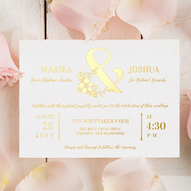 Schöne Blumenampere und Typografie Wedding Gold Folieneinladung (Von Creator hochgeladen)