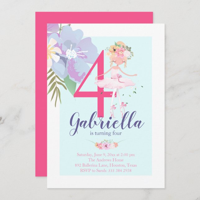 Schöne Blumenballerina Geburtstagseinladung Einladung (Vorne/Hinten)
