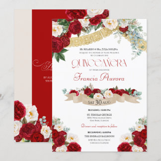 Schöne Blumenblüten Rot & Weiß Quinceanera Einladung