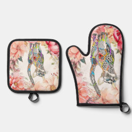 Schöne, blumengequiltete Katze Ofenhandschuh & Topflappen-Set