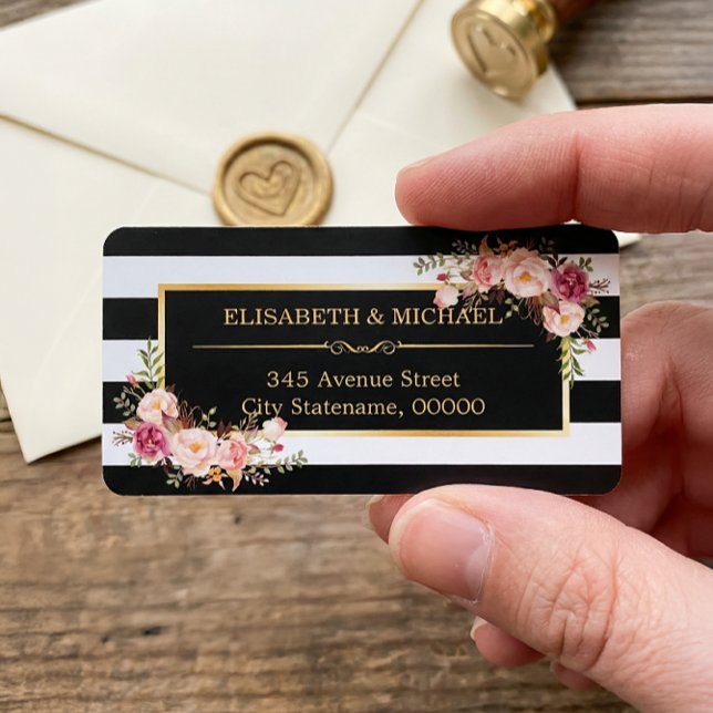 Schöne Blumengolddekor Schwarz-weiße Streifen Adressaufkleber (Von Creator hochgeladen)