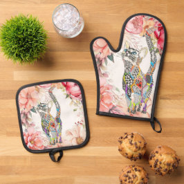 Schöne Blumenkatze Ofenhandschuh & Topflappen-Set