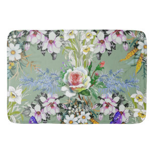Schöne Blumenmuster Rose Wildblumen Grün Badematte