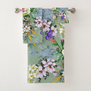 Schöne Blumenmuster Rose Wildblumen Grün Badhandtuch Set
