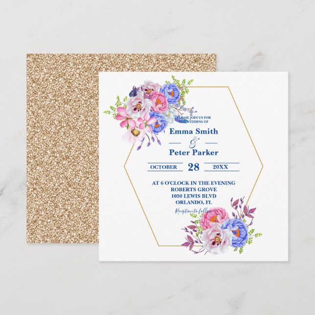 Schöne Blumenstrauß & Glitzer Wedding Einladung (Vorne/Hinten)