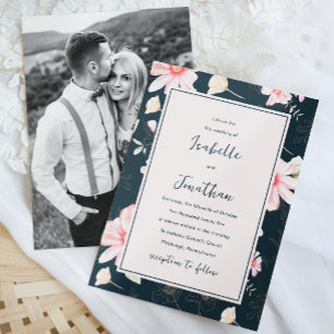 Schöne Blush Blau Blumenmuster Foto Hochzeit Einladung