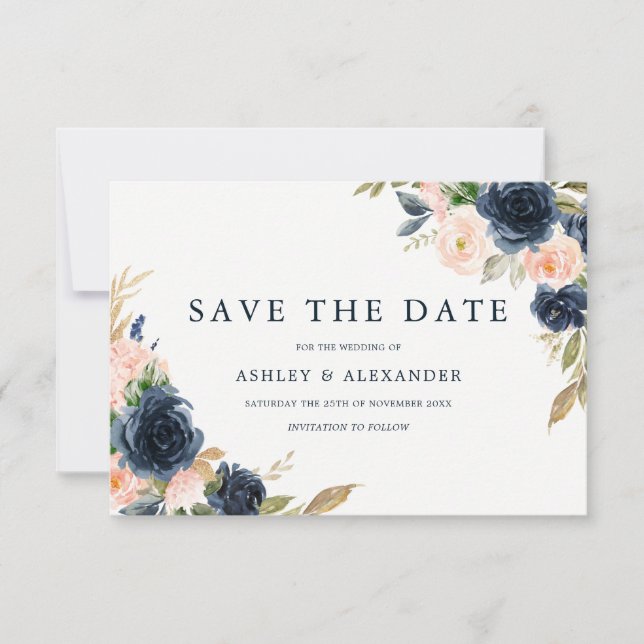 Schöne Blush & Navy Blumenhochzeit Save The Date (Vorderseite)